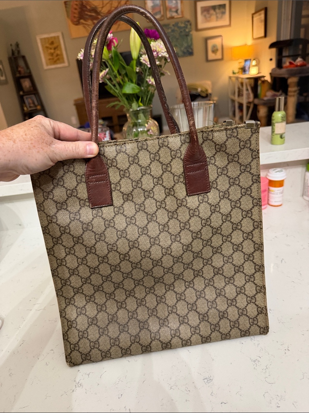 Gucci Beige GG Supreme Canvas Brown Leather Top-Handle Tote